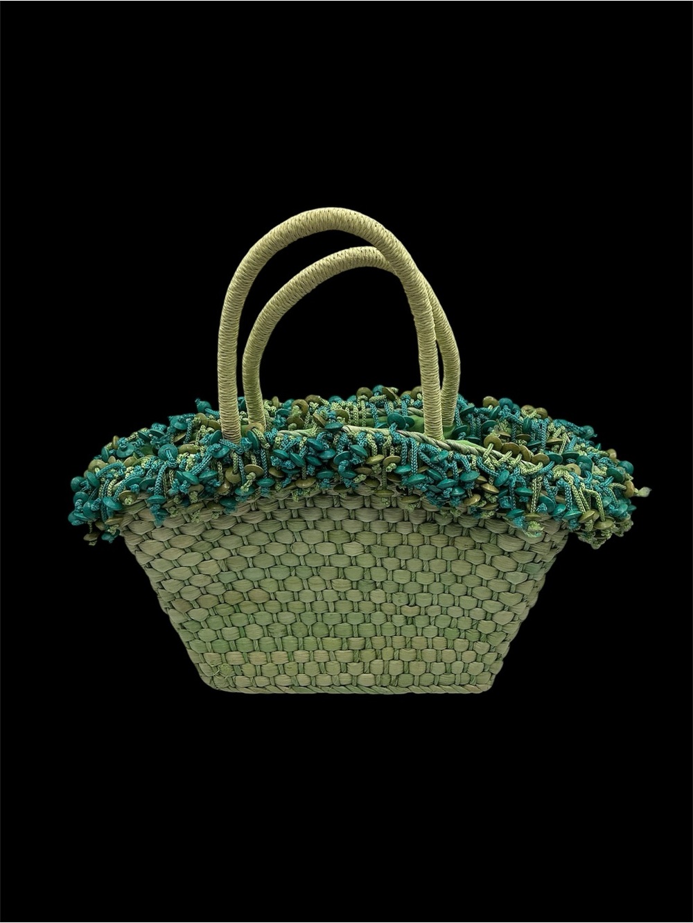 Woven Straw Tote Bag in Sage with beads